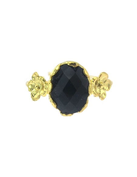 MRio Classic Verstellbarer Ring Silber Gold Schwarzer Stein und Blumen