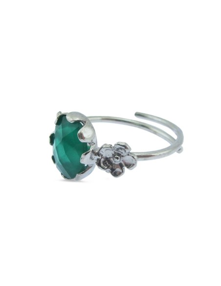 MRIO Klassischer verstellbarer Ring Silber Grüner Stein und Blumen