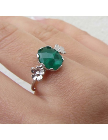 MRIO Klassischer verstellbarer Ring Silber Grüner Stein und Blumen