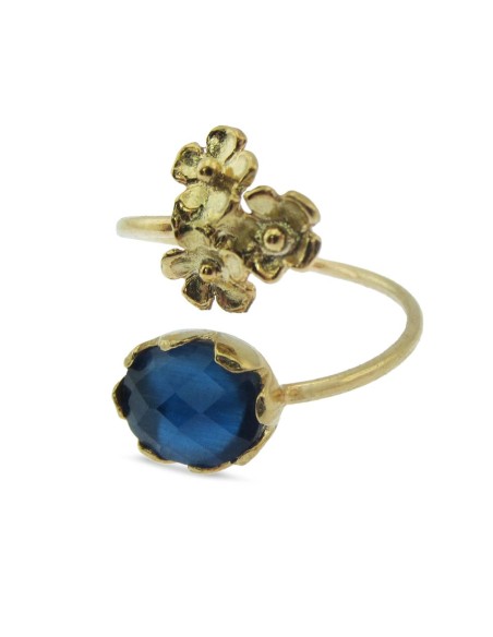 MRIO Klassischer verstellbarer Ring Vergoldetes Silber Blauer Stein und 3 Blumen