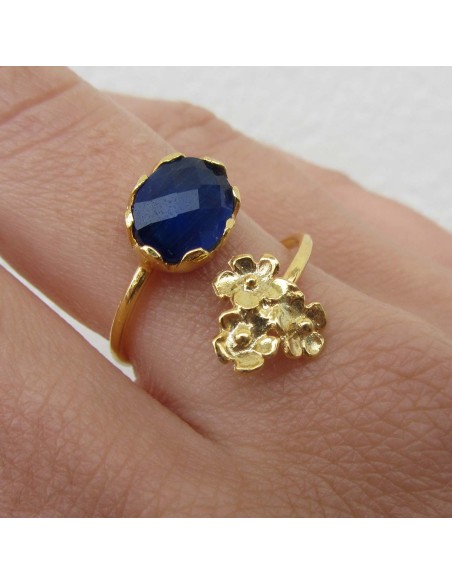 MRIO Klassischer verstellbarer Ring Vergoldetes Silber Blauer Stein und 3 Blumen