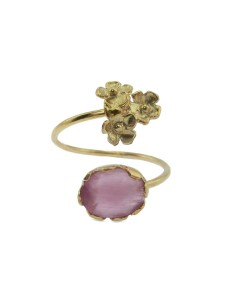 MRIO Klassischer verstellbarer Ring Silber Gold Rosa Stein und 3 Blumen
