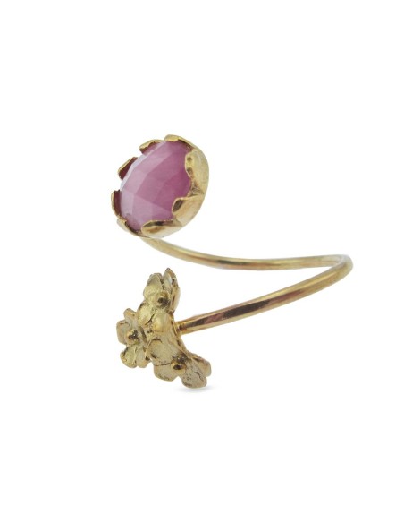 MRIO Klassischer verstellbarer Ring Silber Gold Rosa Stein und 3 Blumen