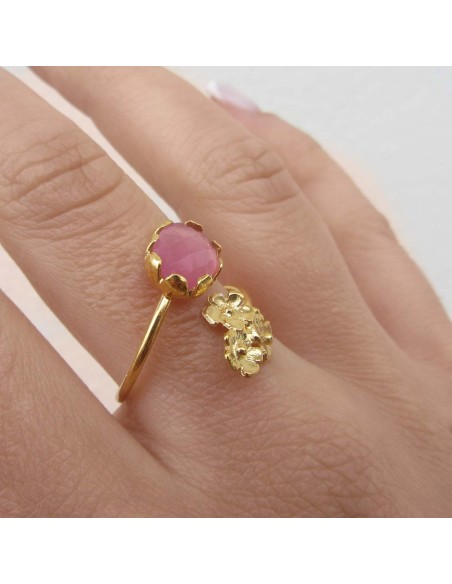 MRIO Klassischer verstellbarer Ring Silber Gold Rosa Stein und 3 Blumen